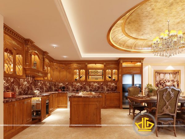 Tủ bếp gỗ gõ cho không gian cổ điển