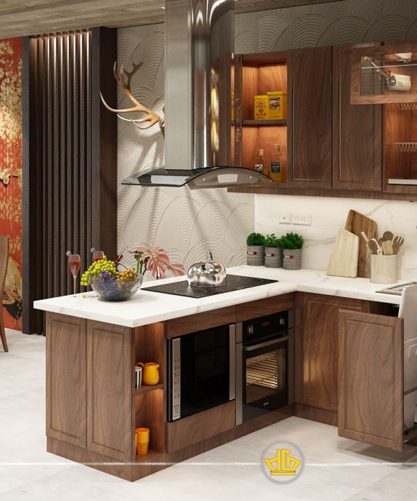 Tủ bếp gỗ gõ anh Minh Mỗ Lao