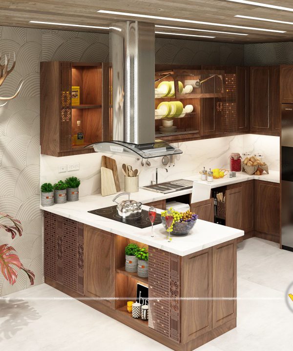 Tủ bếp gỗ gõ anh Minh Mỗ Lao