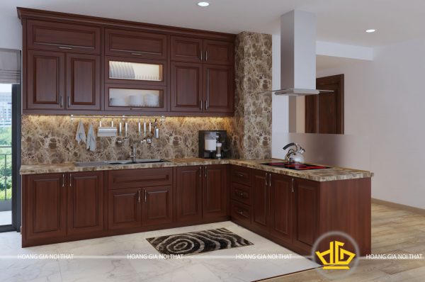 Tủ bếp gỗ lát kết hợp đá hoa cương