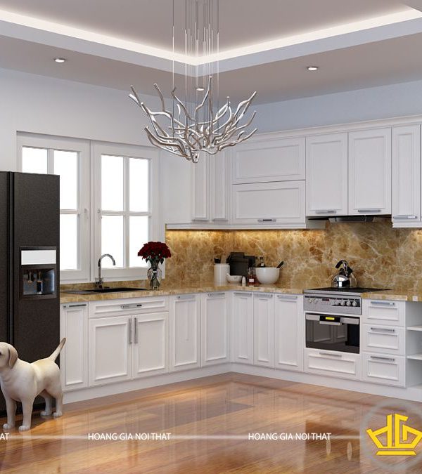 Tủ bếp gỗ lát Châu Phi sơn trắng anh Hàng Lược