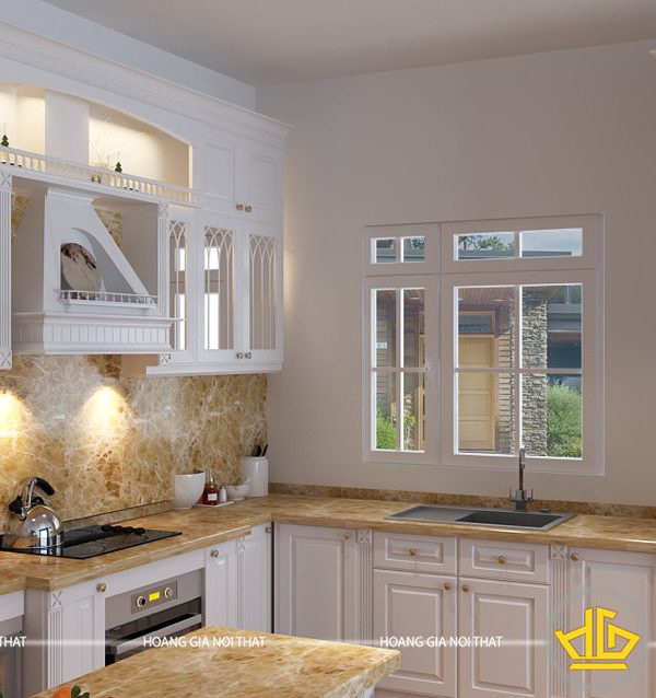 Tủ bếp gỗ lát Châu Phi sơn trắng anh Huy Vĩnh Long