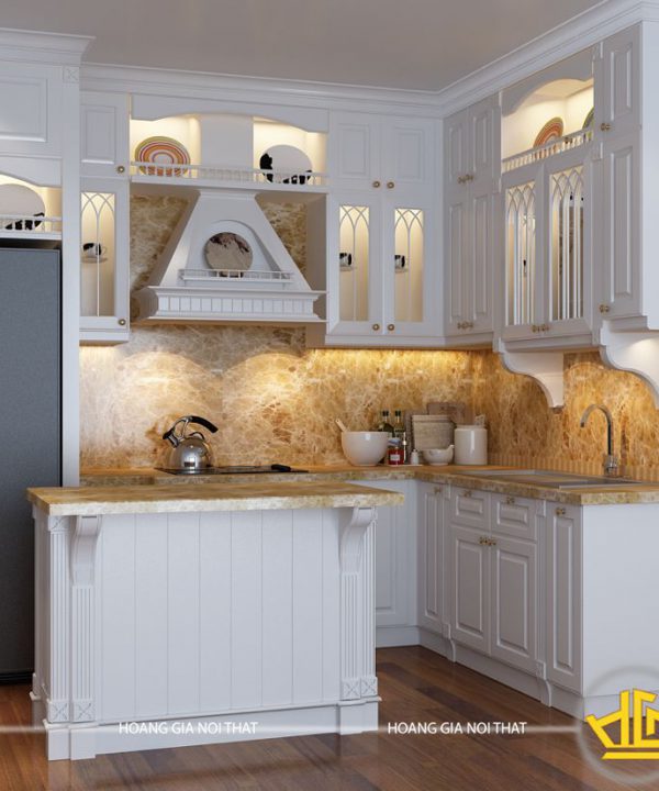 Tủ bếp gỗ lát Châu Phi sơn trắng anh Kiên