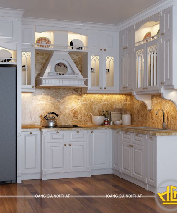 Tủ bếp gỗ lát Châu Phi sơn trắng anh Tâm