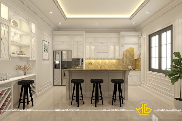 Tủ bếp gỗ lát sơn trắng