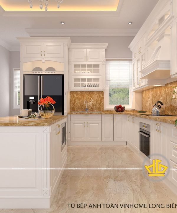 Tủ bếp gỗ lát Châu Phi sơn trắng anh Toàn Vinhome Long Biên