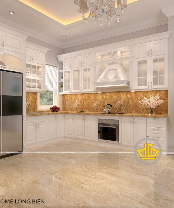 Tủ bếp gỗ lát Châu Phi sơn trắng anh Toàn Vinhome Long Biên
