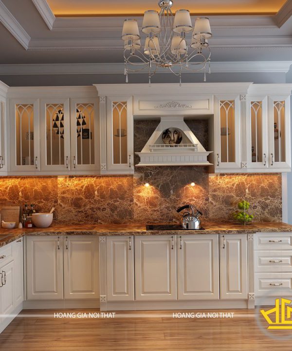 Tủ bếp gỗ lát Châu Phi sơn trắng anh Vân Mễ Trì