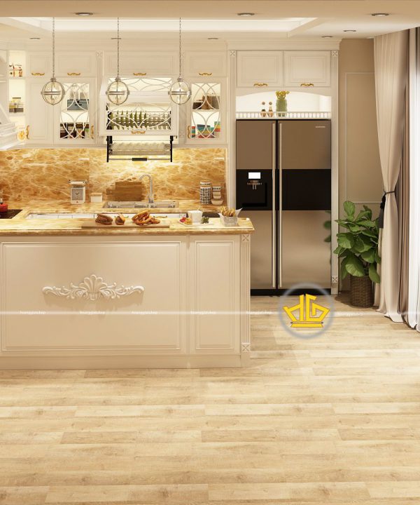 Tủ bếp gỗ lát Châu Phi sơn trắng chị Bình Hoàng Mai