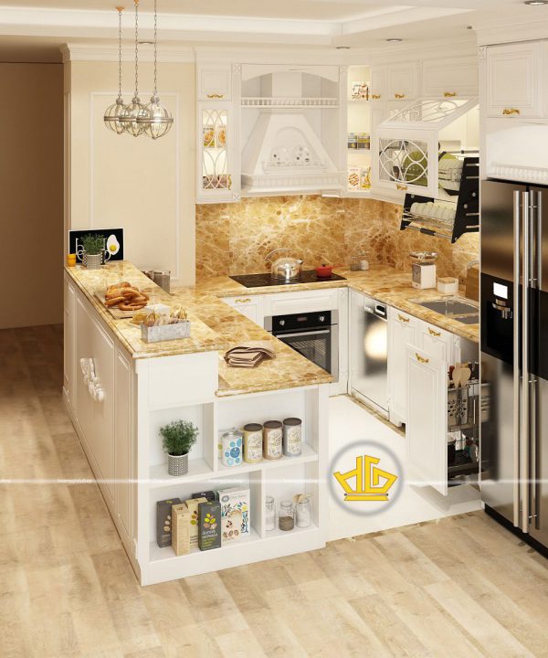 Tủ bếp gỗ lát Châu Phi sơn trắng chị Bình Hoàng Mai