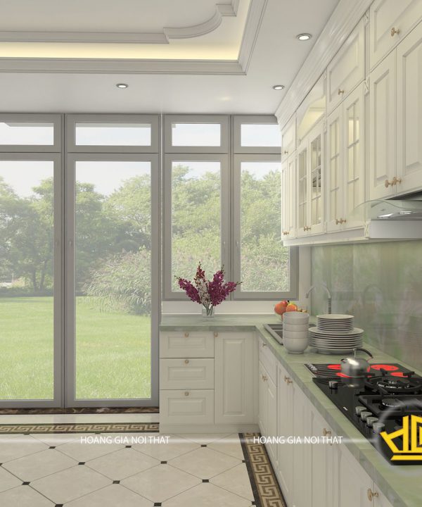 Tủ bếp gỗ lát Châu Phi sơn trắng chị Hạn Mỹ Đình