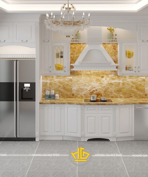 Tủ bếp gỗ lát Châu Phi sơn trắng chị Hòa Trương Định