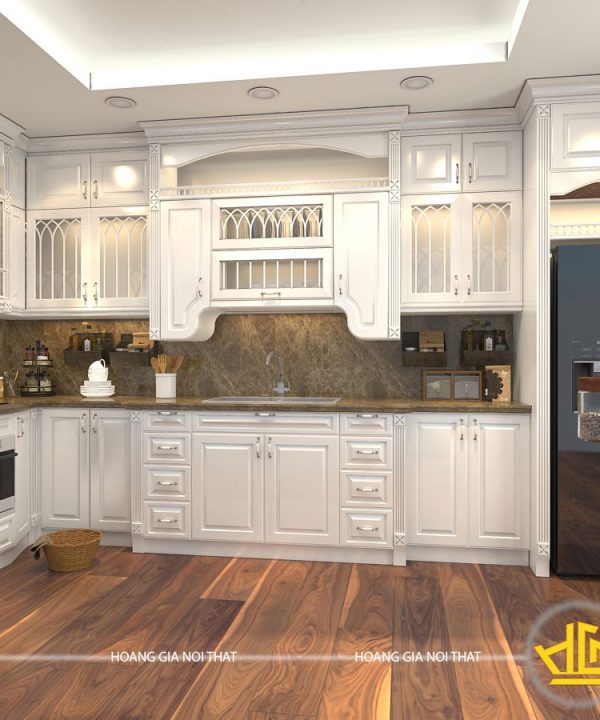 Tủ bếp gỗ lát Châu Phi sơn trắng chị Hường Time City