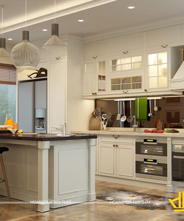 Tủ bếp gỗ lát Châu Phi sơn trắng chị Loan