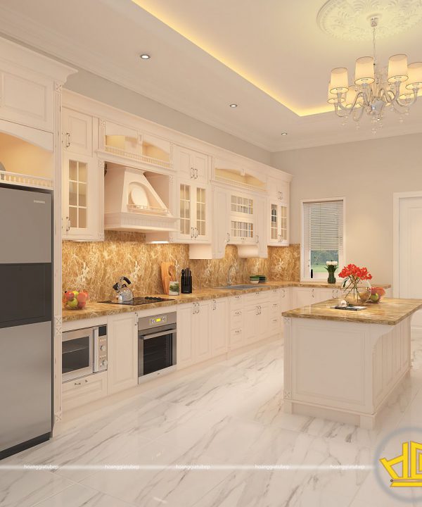 Tủ bếp gỗ lát Châu Phi sơn trắng chị Oanh Đồng Nai