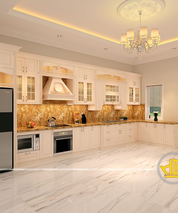 Tủ bếp gỗ lát Châu Phi sơn trắng chị Oanh Đồng Nai