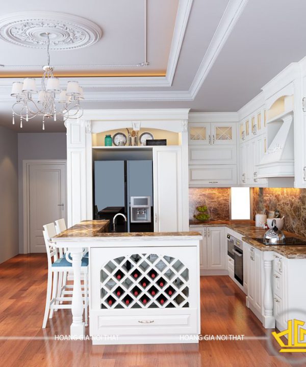 Tủ bếp gỗ lát Châu Phi sơn trắng chị Phương