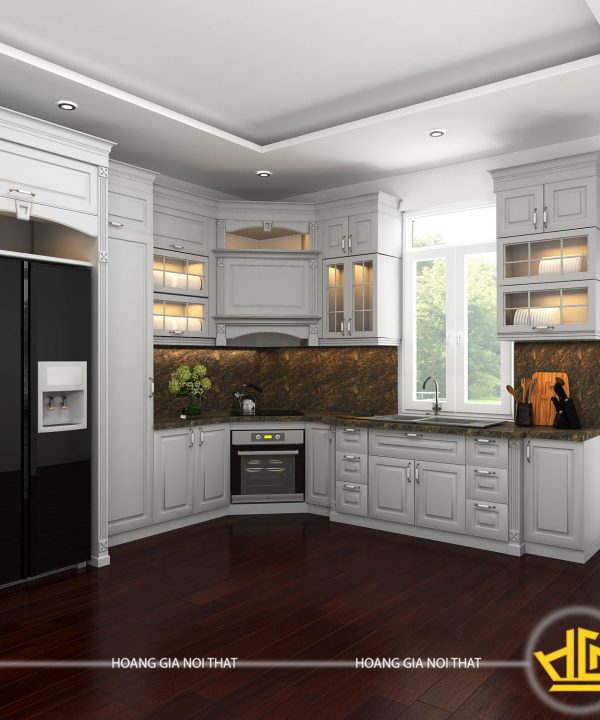 Tủ bếp gỗ lát Châu Phi sơn trắng chị Phương Tây Hồ