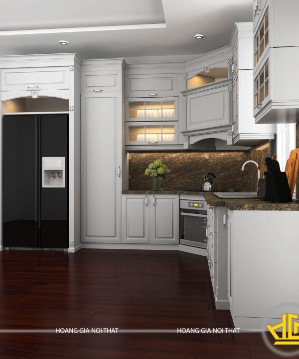 Tủ bếp gỗ lát Châu Phi sơn trắng chị Phương Tây Hồ