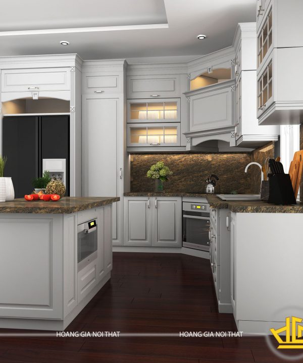 Tủ bếp gỗ lát Châu Phi sơn trắng chị Phương Tây Hồ