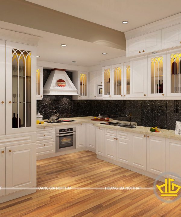 Tủ bếp gỗ lát Châu Phi sơn trắng chị Thu