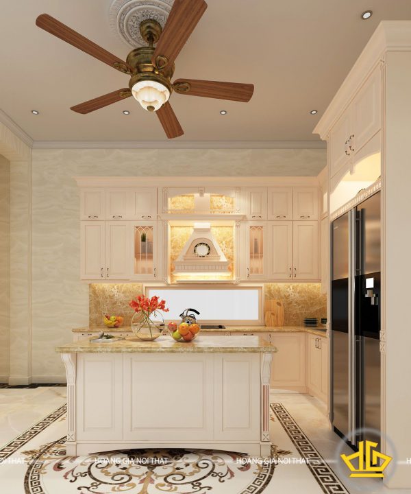 Tủ bếp gỗ lát Châu Phi sơn trắng chú Minh Gamuda