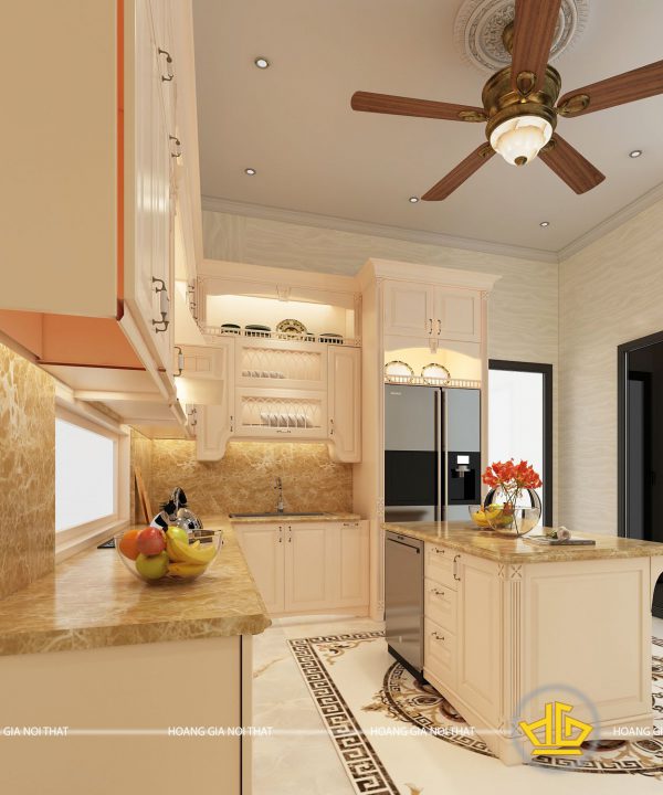 Tủ bếp gỗ lát Châu Phi sơn trắng chú Minh Gamuda