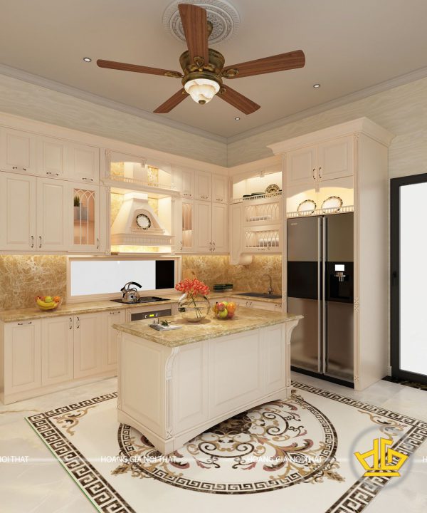 Tủ bếp gỗ lát Châu Phi sơn trắng chú Minh Gamuda