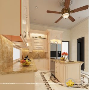 Tủ bếp gỗ lát Châu Phi sơn trắng chú Minh Gamuda