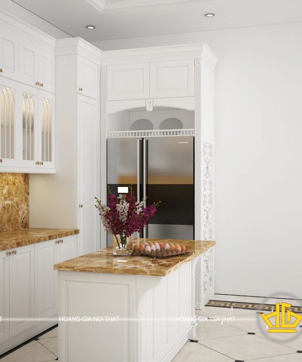 Tủ bếp gỗ lát Châu Phi sơn trắng chú Oai