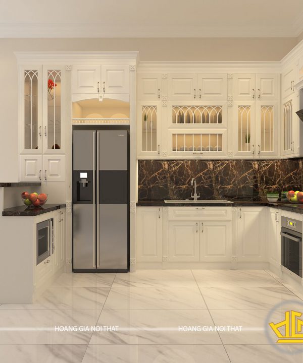 Tủ bếp gỗ lát Châu Phi sơn trắng chú Quý