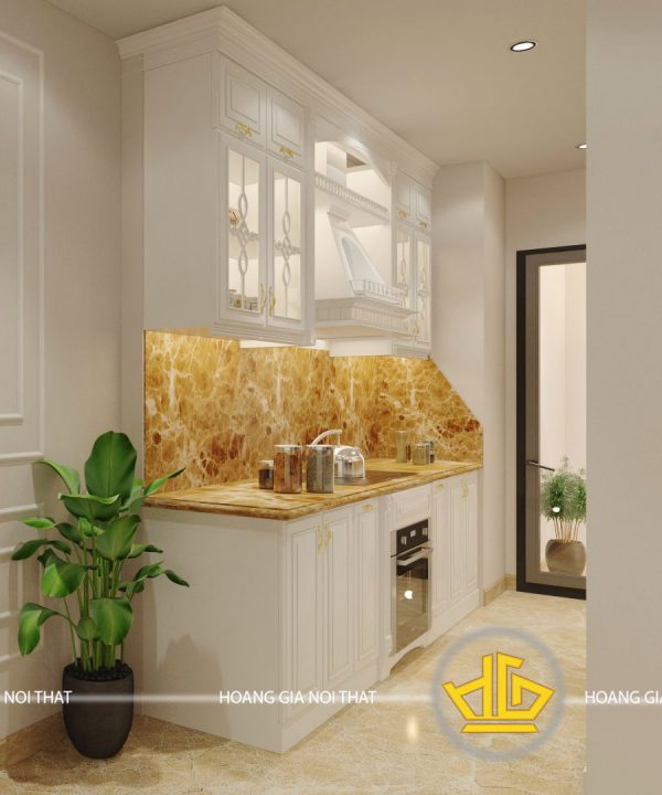 Tủ bếp gỗ lát Châu Phi sơn trắng cô Hoa Nguyễn Tuân