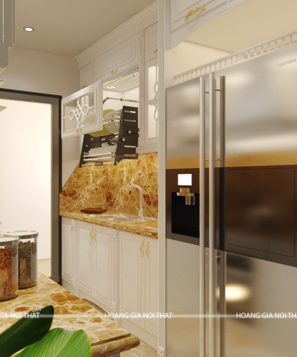 Tủ bếp gỗ lát Châu Phi sơn trắng cô Hoa Nguyễn Tuân