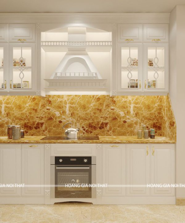 Tủ bếp gỗ lát Châu Phi sơn trắng cô Hoa Nguyễn Tuân