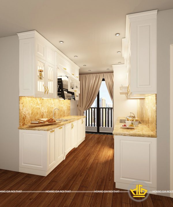 Tủ bếp gỗ lát Châu Phi sơn trắng cô Hoa Nguyễn Tuân