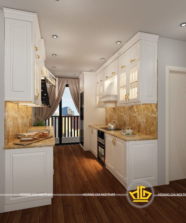 Tủ bếp gỗ lát Châu Phi sơn trắng cô Hoa Nguyễn Tuân