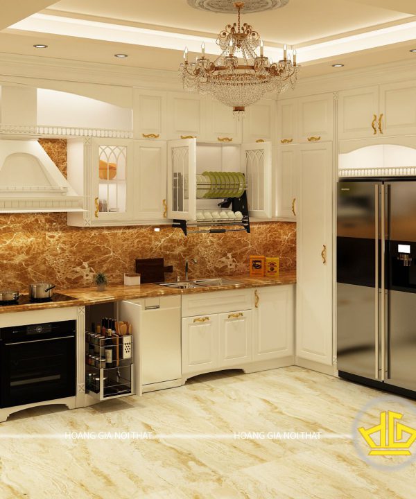 Tủ bếp gỗ lát Châu Phi sơn trắng cô Linh