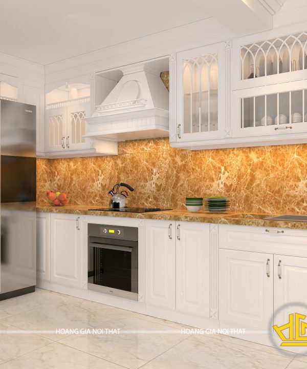 Tủ bếp gỗ lát Châu Phi sơn trắng cô Vân