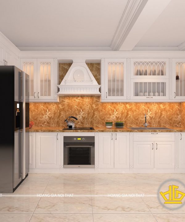 Tủ bếp gỗ lát Châu Phi sơn trắng cô Vân