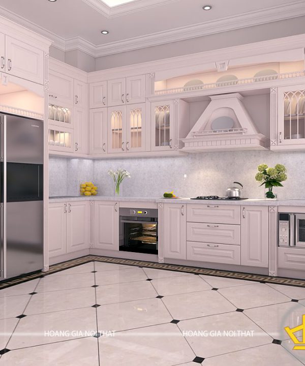 Tủ bếp gỗ lát Châu Phi sơn trắng em Đức