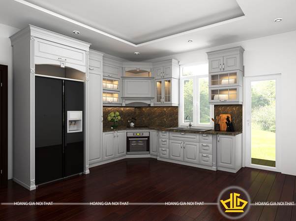Tủ bếp gỗ lát Châu Phi sơn trắng chị Phương Tây Hồ