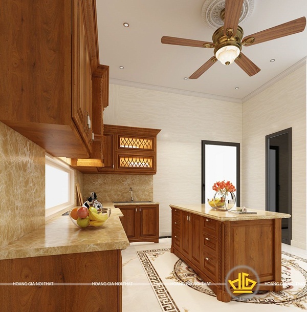 Quạt trần cũng được thiết kế cùng màu và chất liệu với tủ bếp để tăng tính đồng bộ