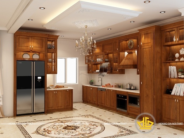 Tủ bếp gỗ tự nhiên được thiết kế rất sang trọng, phù hợp với chung cư