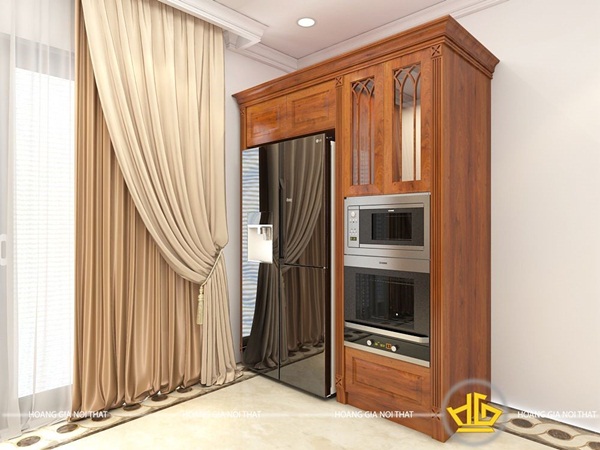 Chiếc tủ bếp gỗ tự nhiên từ gỗ lát thật nhỏ gọn nhưng không kém phần sang trọng