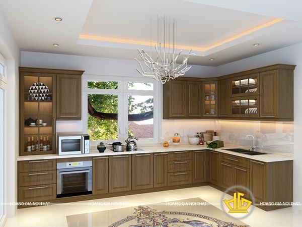 Màu nâu trầm đặc trưng của gỗ óc chó giúp căn bếp đặc biệt hơn