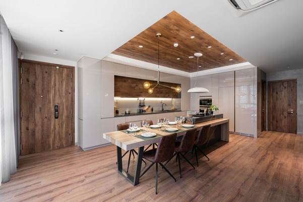 Tủ bếp acrylic An Cường kết hợp với bàn ăn