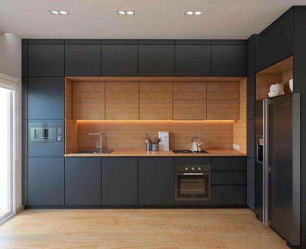 Tủ bếp nhựa acrylic với gam màu đen chủ đạo