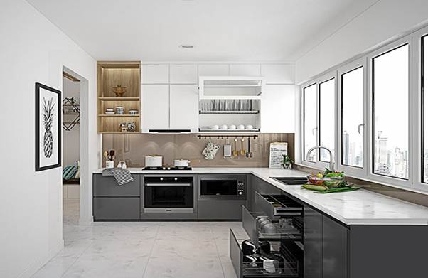 Tủ bếp acrylic màu trắng xám sang trọng