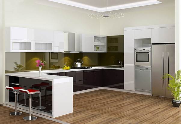 Tủ bếp gỗ công nghiệp acrylic hiện đại