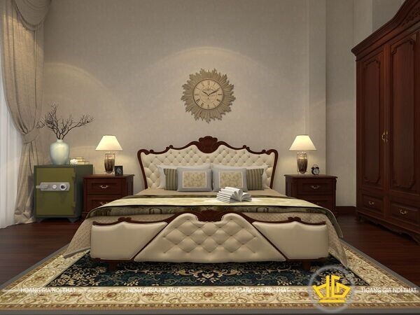 Giường gỗ tân cổ điển màu trắng hồng